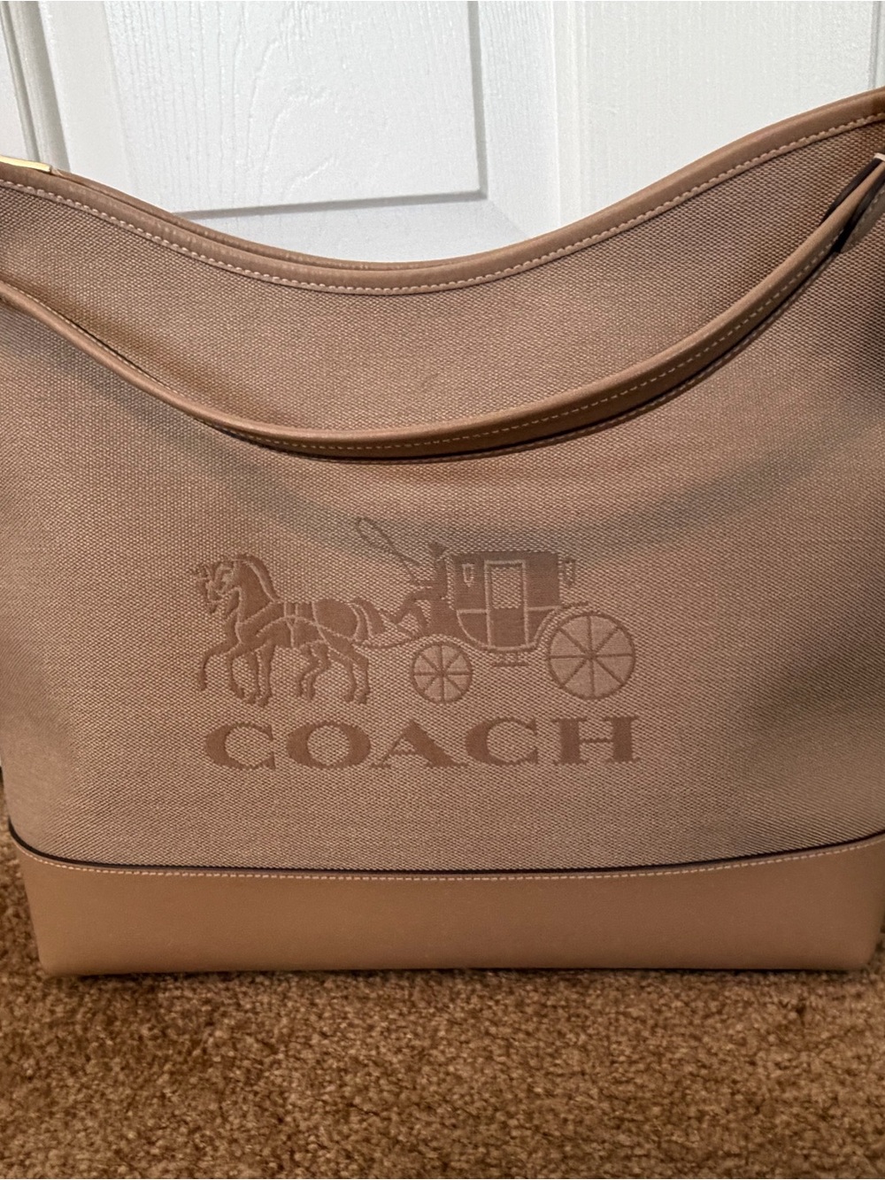 Coach Horse & Carriage Canvas Hobo Shoulder Bag Taupe Khaki Tan Gold